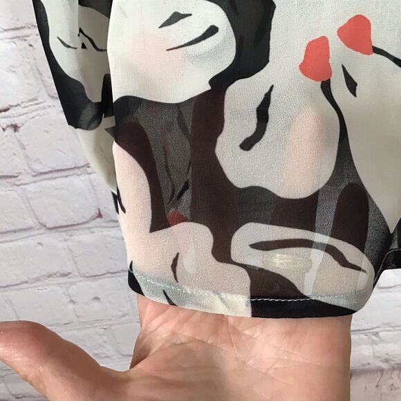 Modcloth Sheer Floral Button Front Blouse Womans Small Wide Collar Black Cream - Picture 5 of 8